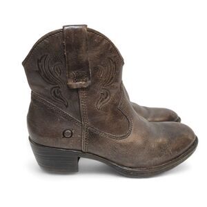Born Riven Womens Brown Leather Ankle Boots Size 8/39 Western Cowboy Embroidered